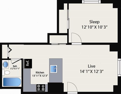 A floor plan of a room with a sleeping area, a live area, a kitchen, a bathroom, and a reference area.